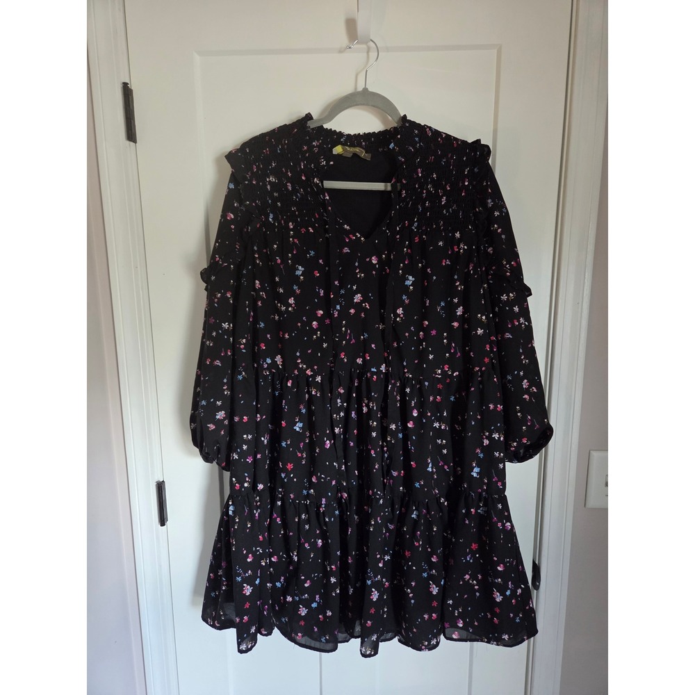 Melanie T Black Floral Tiered Midi Dress Whimsigoth Boho size 14